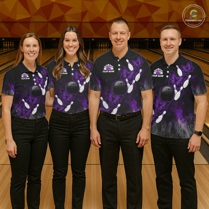 Black And Purple Custom Butterfly Bowling Shirt For Women, Bowling Team Jersey Polo & 1/4 Zip Shirt TDM6180