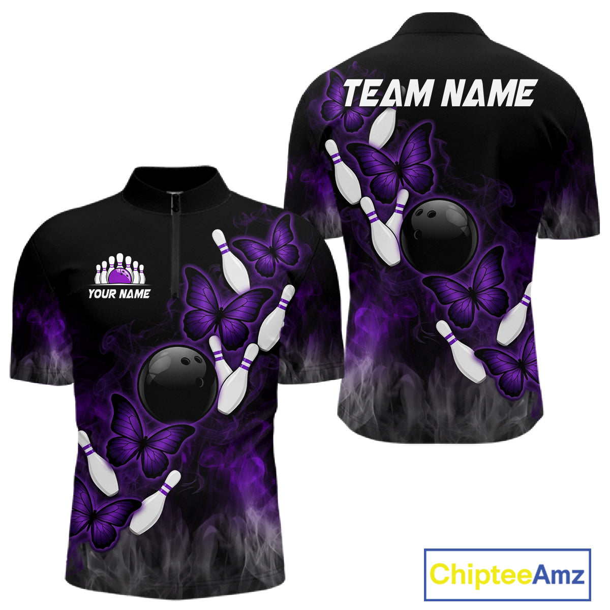 Black And Purple Custom Butterfly Bowling Shirt For Men, Bowling Team Jersey Polo & 1/4 Zip Shirt TDM6180