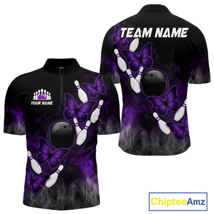 Black And Purple Custom Butterfly Bowling Shirt For Men, Bowling Team Jersey Polo & 1/4 Zip Shirt TDM6180