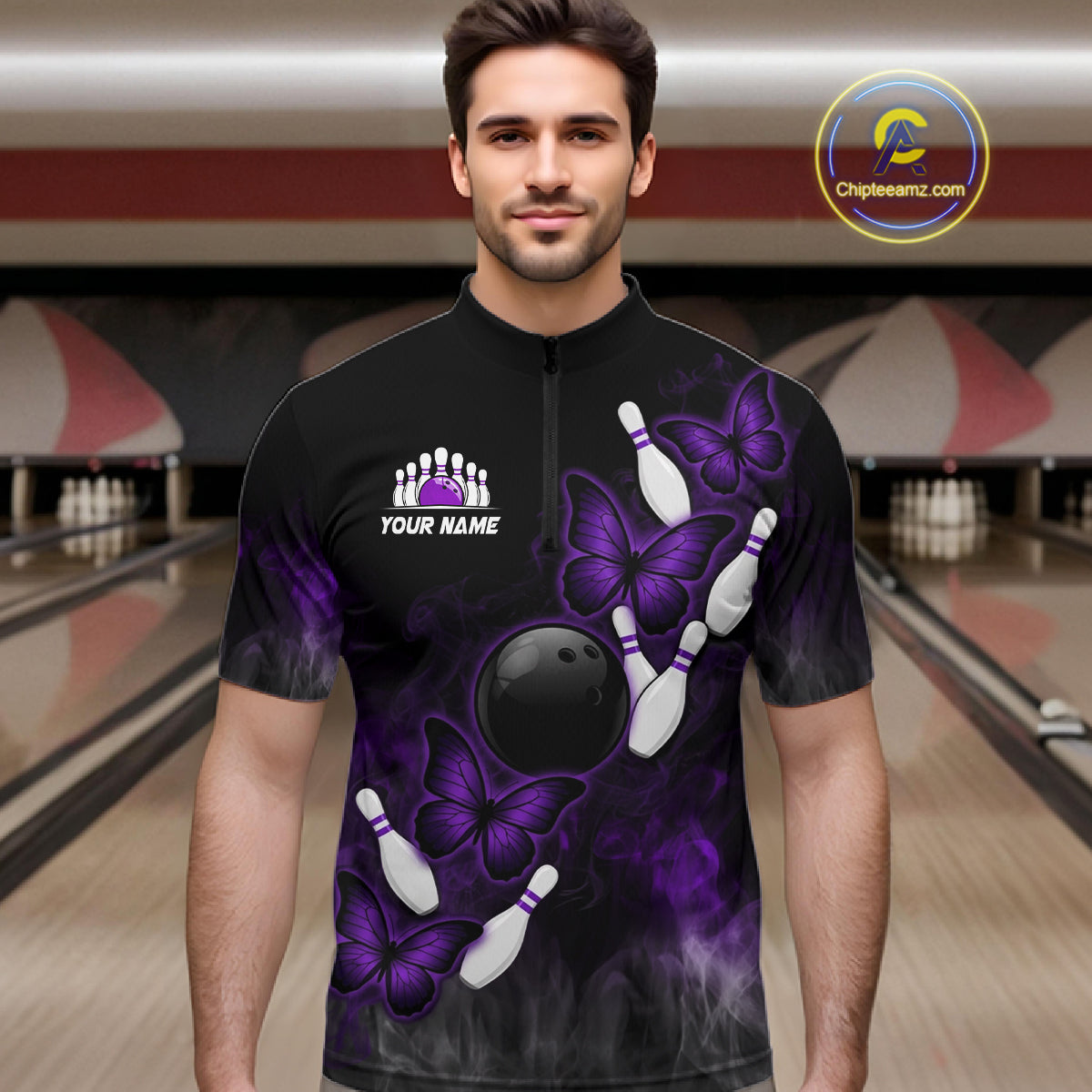 Black And Purple Custom Butterfly Bowling Shirt For Men, Bowling Team Jersey Polo & 1/4 Zip Shirt TDM6180