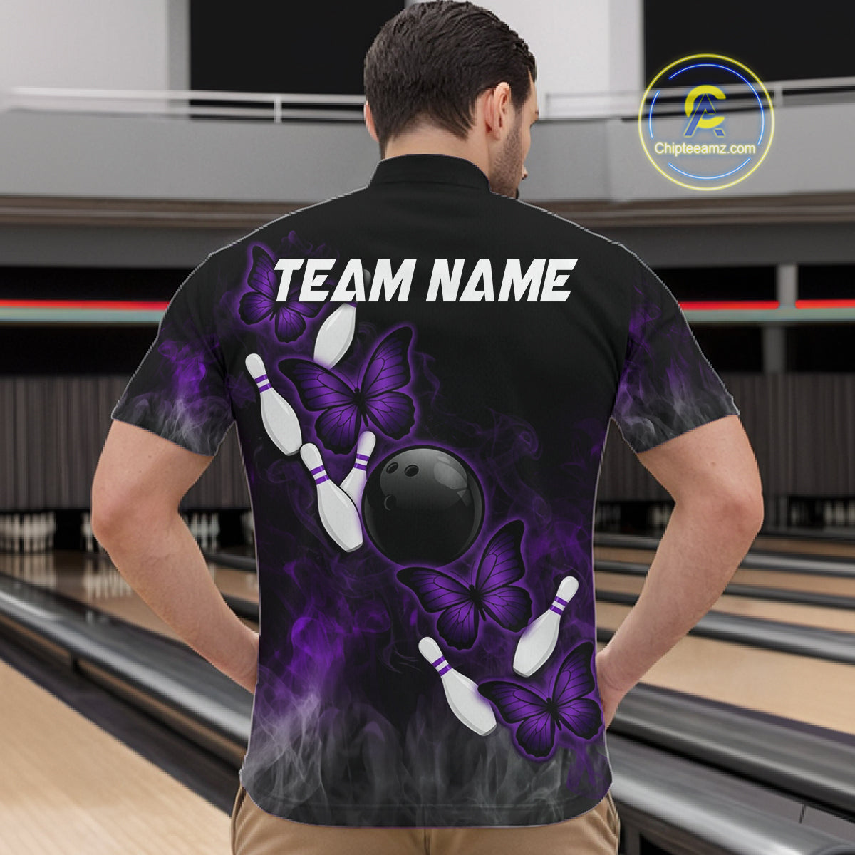 Black And Purple Custom Butterfly Bowling Shirt For Men, Bowling Team Jersey Polo & 1/4 Zip Shirt TDM6180