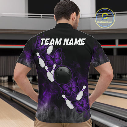Black And Purple Custom Butterfly Bowling Shirt For Men, Bowling Team Jersey Polo & 1/4 Zip Shirt TDM6180