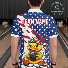 Load image into Gallery viewer, Person wearing a bowling shirt with a duck holding a bowling ball design and American flag, in a bowling alley.