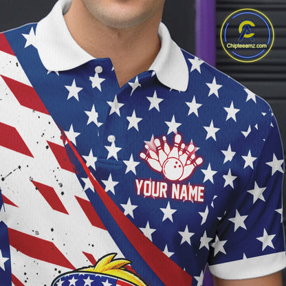 Polo shirt with American flag design and bowling ball logo, featuring 'Your Name' text.