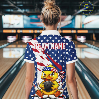Person wearing a bowling-themed shirt with an American flag design and 'Team Name' text.