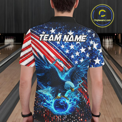Person wearing an American flag bowling shirt with an eagle design and 'Team Name' text in a bowling alley.