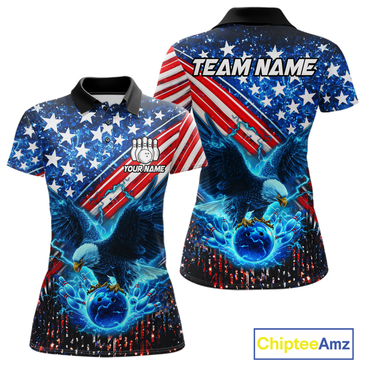 Bowling Jersey with American flag design and eagle graphics, featuring customizable your name & team name