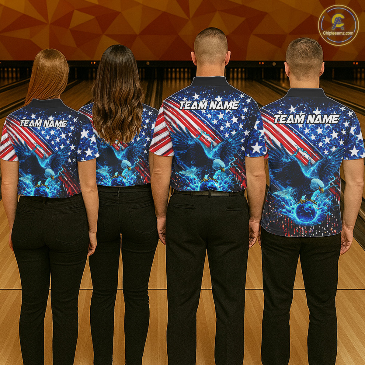 Four people wearing bowling shirts with 'Team Name' on the back, standing on a bowling alley.
