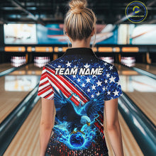 Load image into Gallery viewer, Person wearing an American flag bowling shirt with an eagle design and 'Team Name' text in a bowling alley.