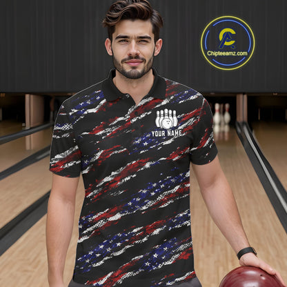 Man wearing a black American flag bowling polo shirt front view, custom bowling league jersey for men.