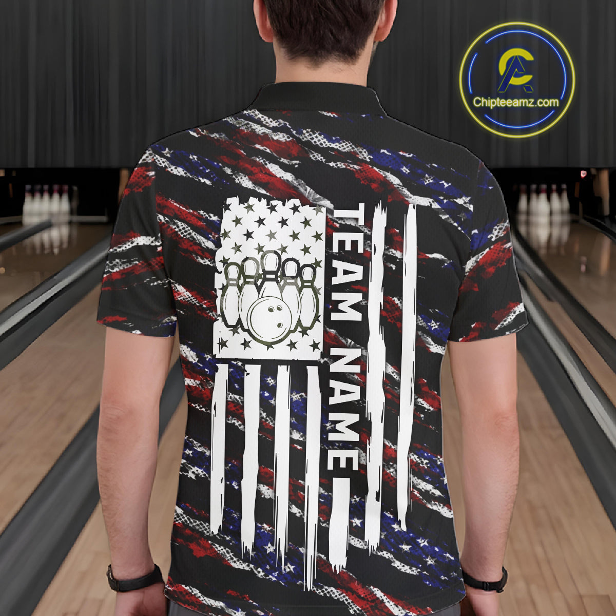 Back view of man wearing a black American flag bowling polo shirt, custom bowling team jersey design.