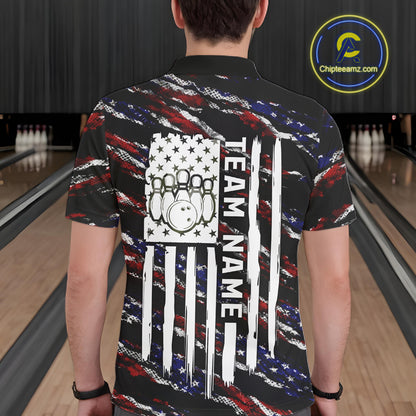 Back view of man wearing a black American flag bowling polo shirt, custom bowling team jersey design.