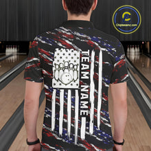 Load image into Gallery viewer, Back view of man wearing a black American flag bowling polo shirt, custom bowling team jersey design.
