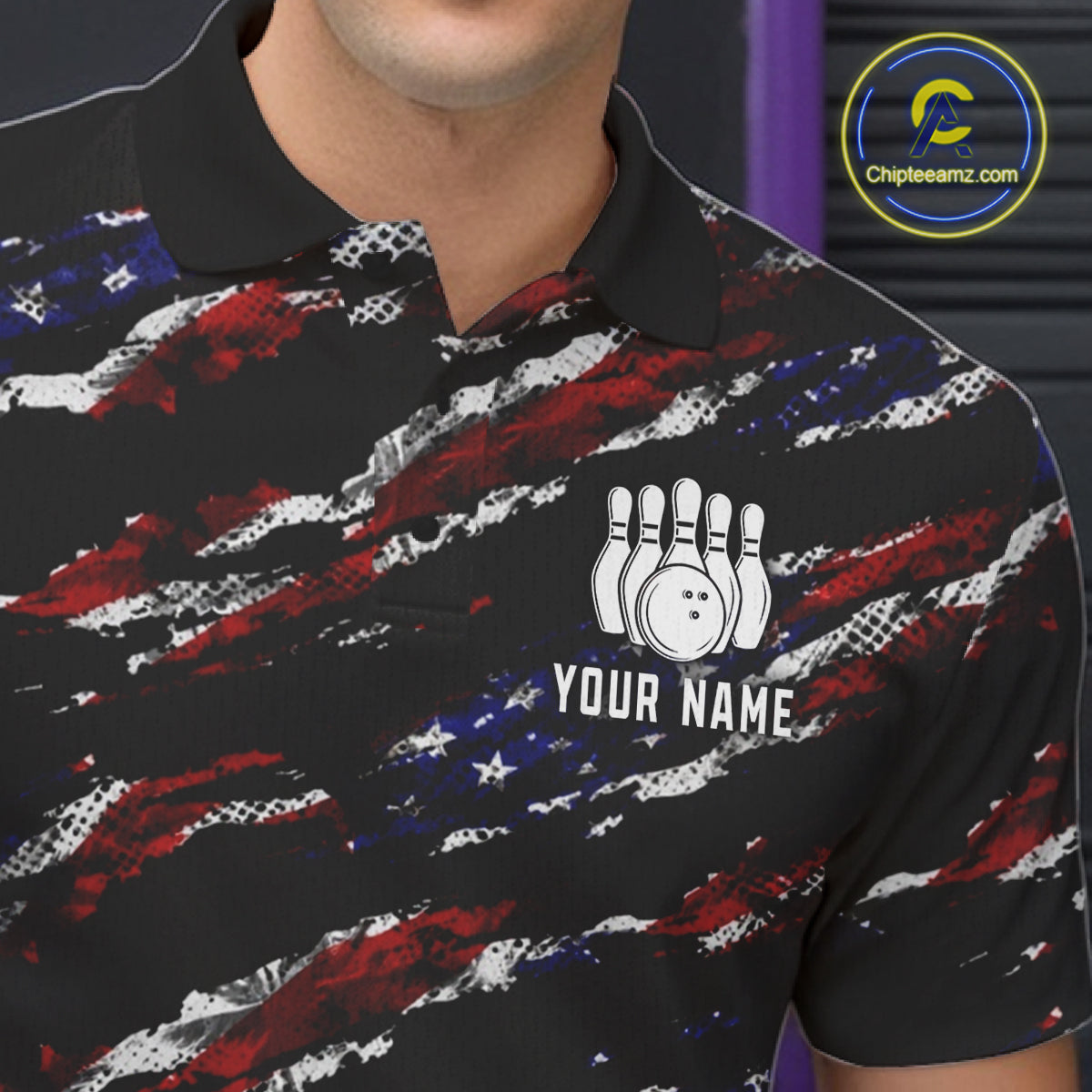 Close up of collar, chest and button details on a black American flag men's bowling polo shirt.