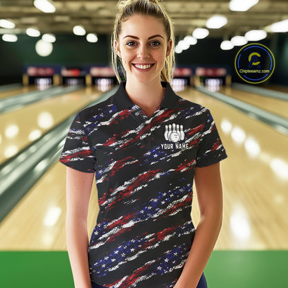 Woman wearing a black American flag bowling polo shirt front view, custom bowling league jersey for women.