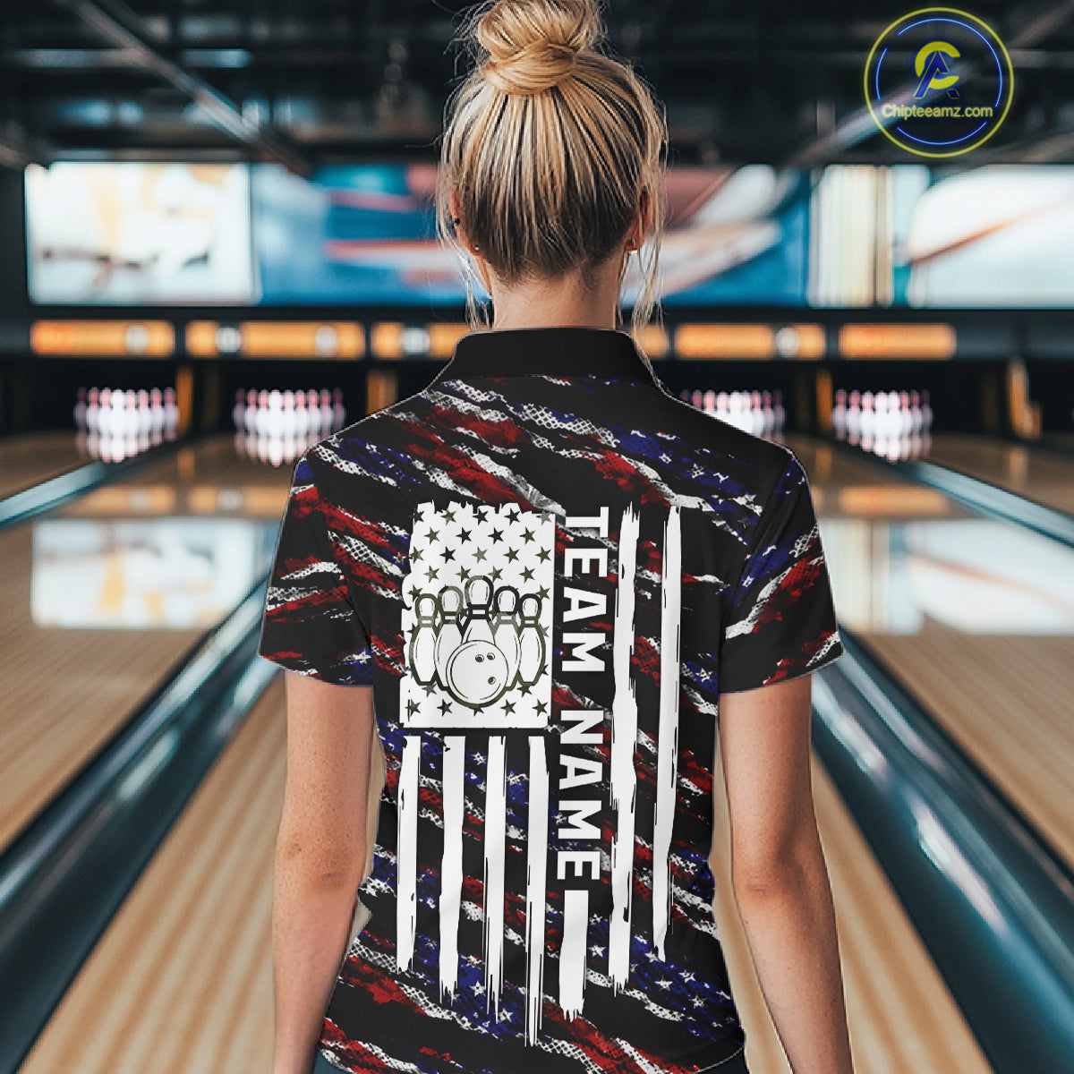 Back view of woman wearing a black American flag bowling polo shirt, custom bowling team jersey design.