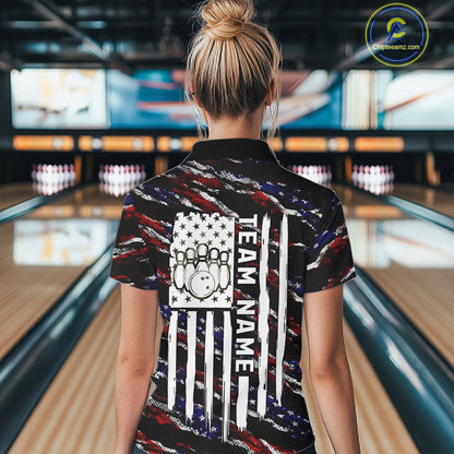 Back view of woman wearing a black American flag bowling polo shirt, custom bowling team jersey design.