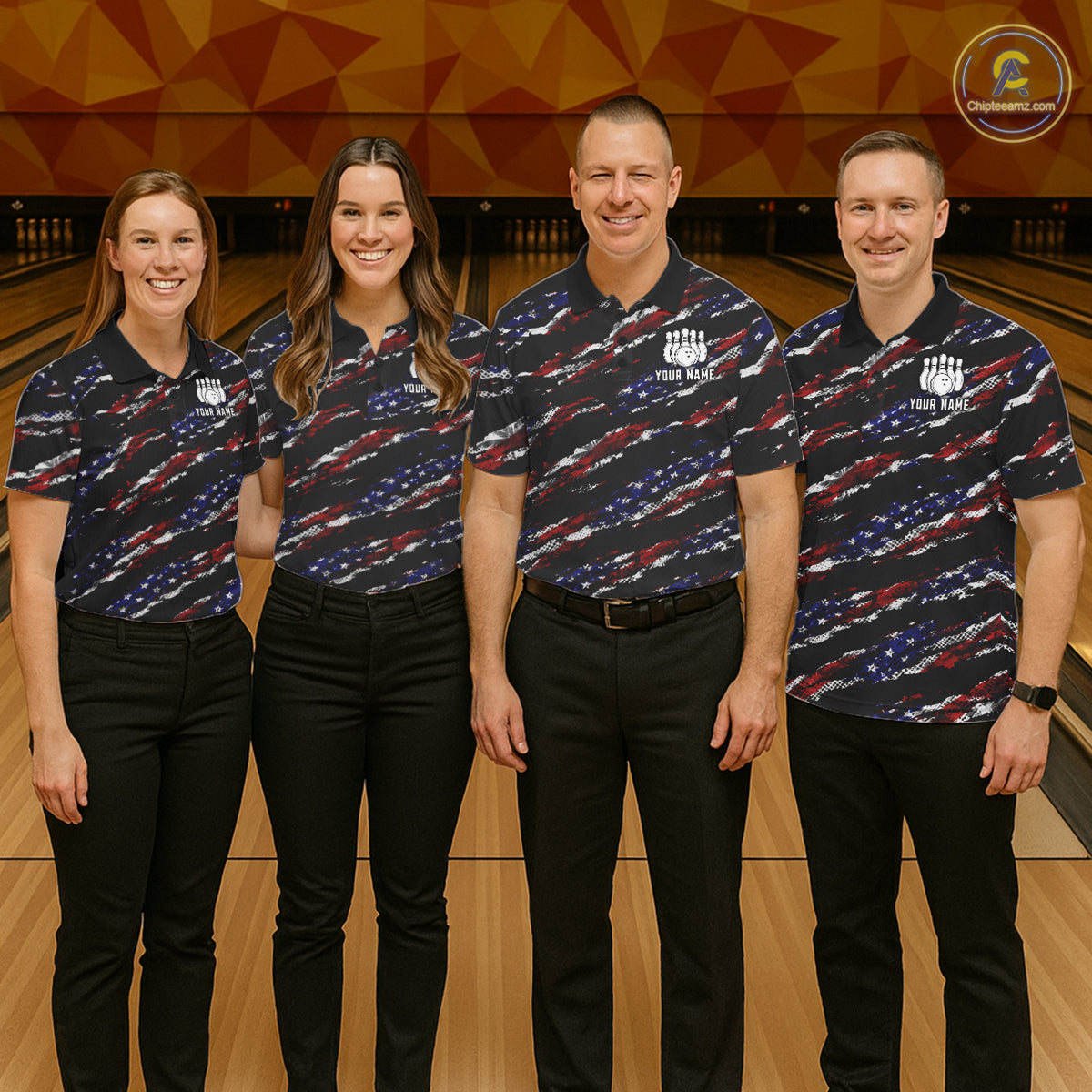 Bowling team wearing matching black American flag custom bowling jerseys front view.