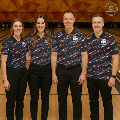 Bowling team wearing matching black American flag custom bowling jerseys front view.