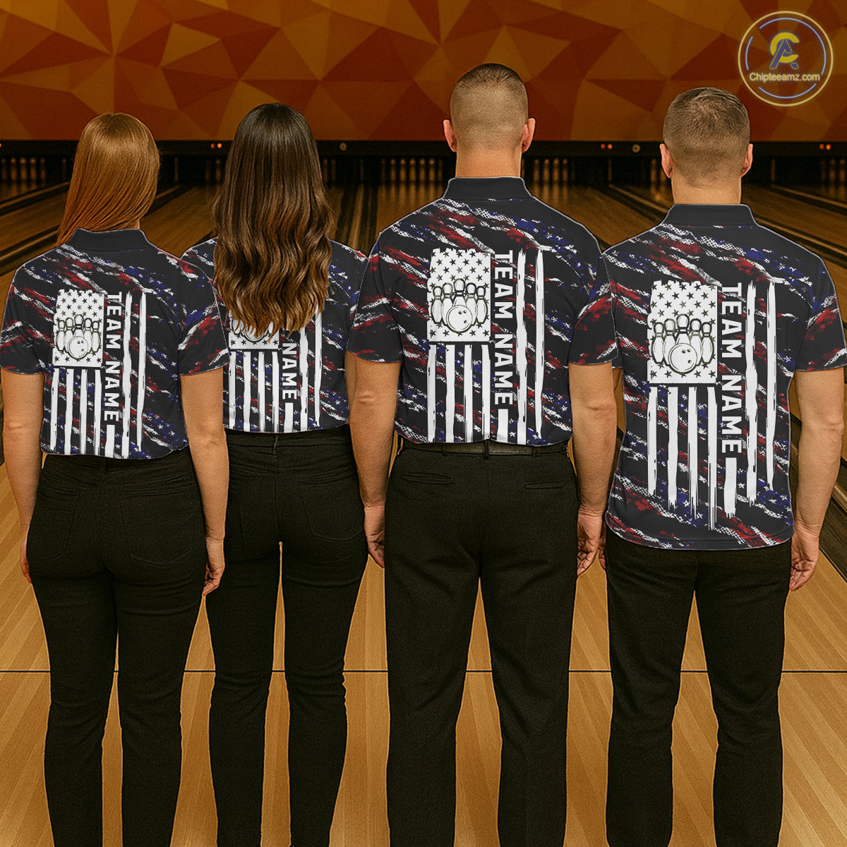 Back view of bowling team wearing matching black American flag bowling league jerseys.
