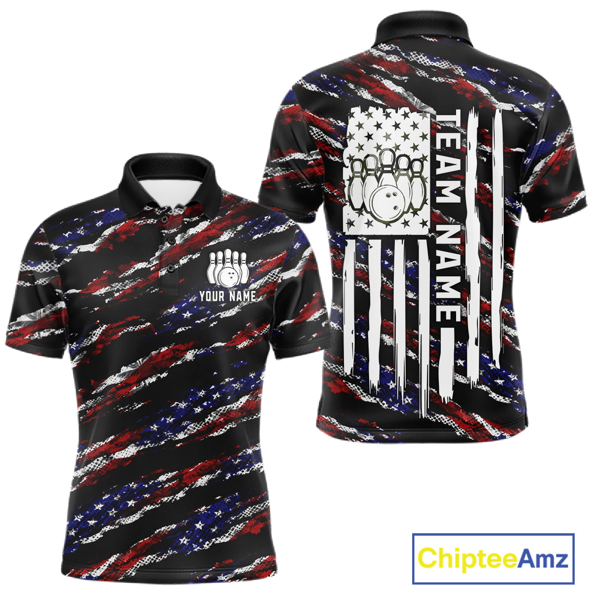 Black American flag custom bowling polo shirt for men, patriotic bowling team jersey for league tournaments.