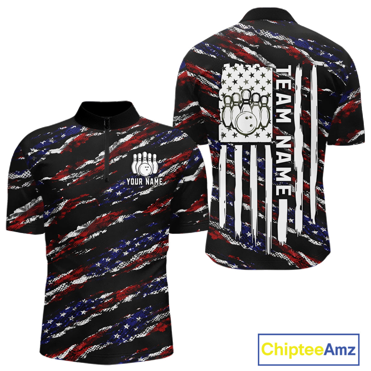 Black American flag quarter zip bowling shirt for men, custom bowling team jersey and tournament apparel.