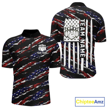 Black American flag quarter zip bowling shirt for men, custom bowling team jersey and tournament apparel.