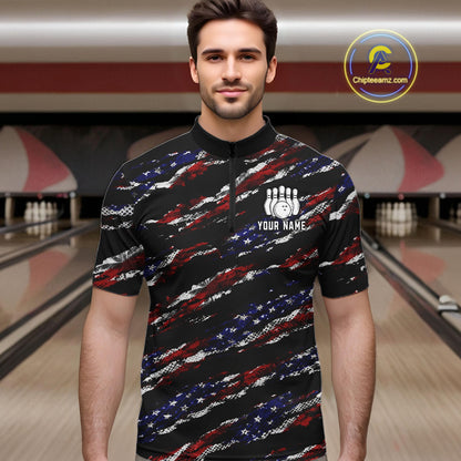 Man wearing a black American flag quarter zip bowling shirt front view, personalized bowling team apparel.