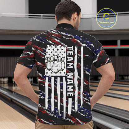 Back view of man wearing a black American flag quarter zip bowling shirt, bowling league team uniform.
