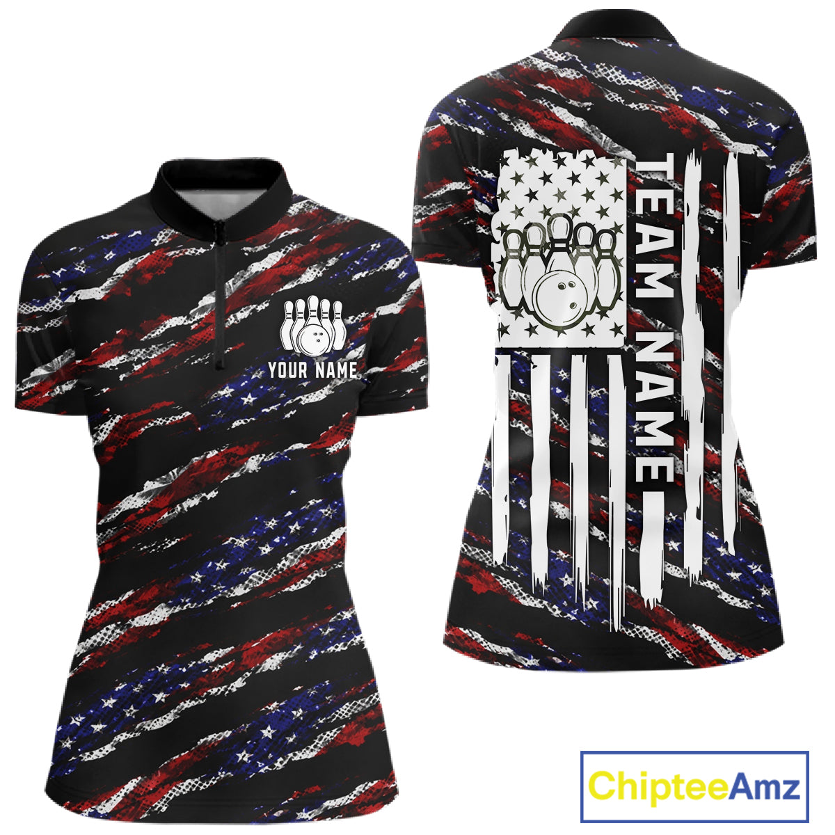 Black American flag quarter zip bowling shirt for women, custom bowling team jersey and tournament apparel.