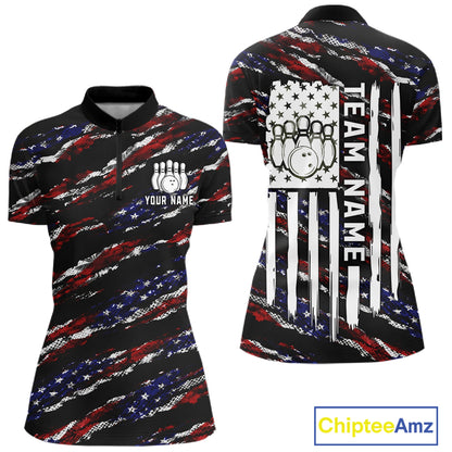 Black American flag quarter zip bowling shirt for women, custom bowling team jersey and tournament apparel.
