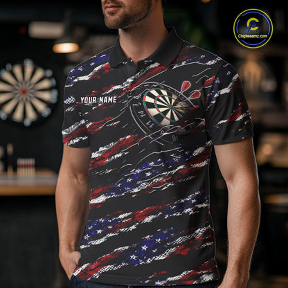 Man wearing a black American flag darts jersey front view, personalized patriotic darts team shirt.