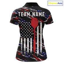 Load image into Gallery viewer, Black American flag darts team polo shirt for women with patriotic USA flag graphics.