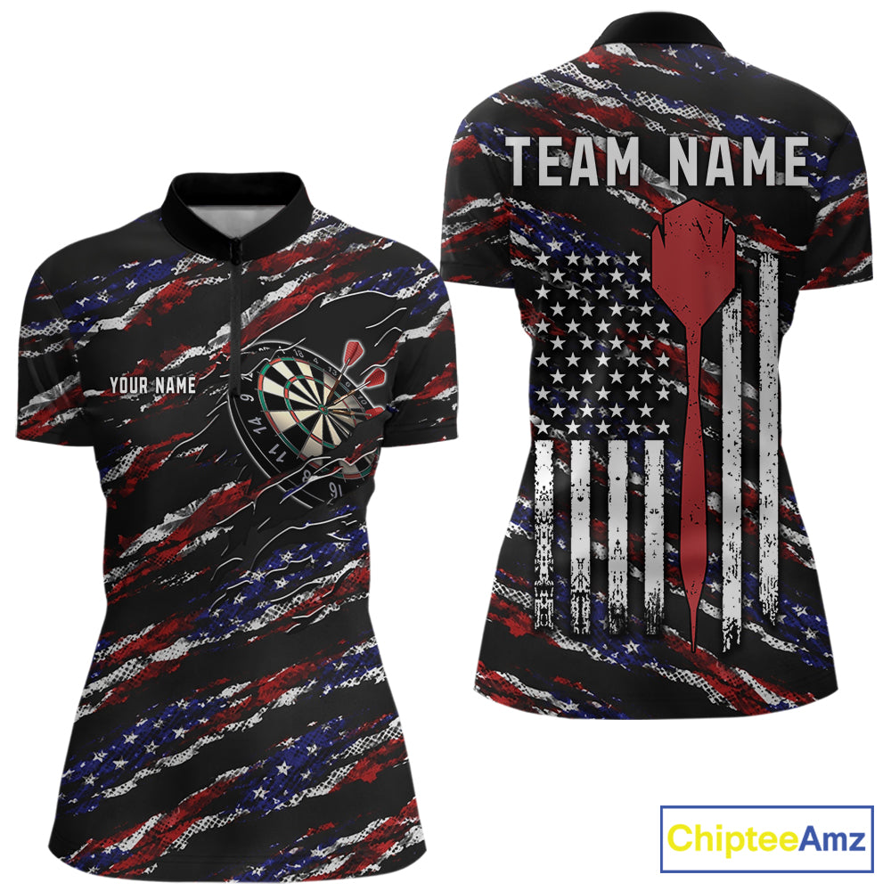 Black American flag quarter zip darts shirt for women, custom darts team jersey and tournament apparel.