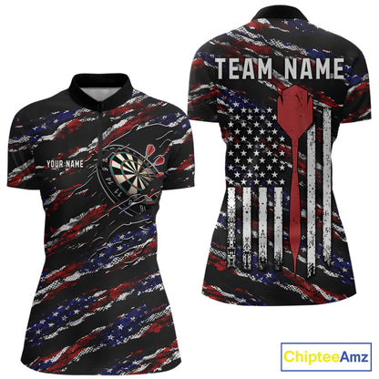 Black American flag quarter zip darts shirt for women, custom darts team jersey and tournament apparel.