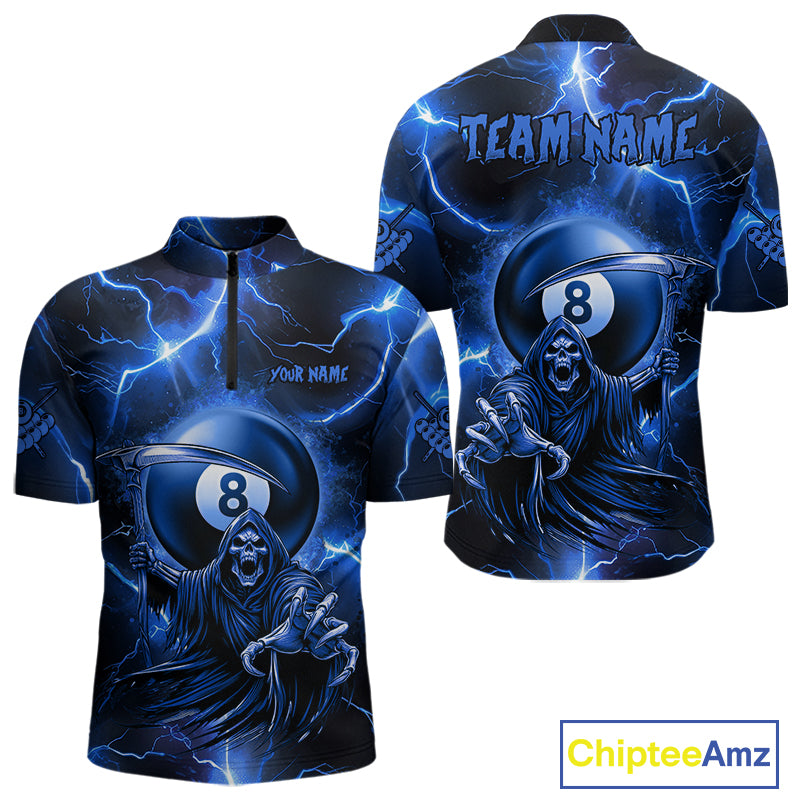 Personalized Blue Grim Reaper 8 Ball Men's Billiard Shirt Custom Thunder Lightning Pool Team Jersey TDM4873