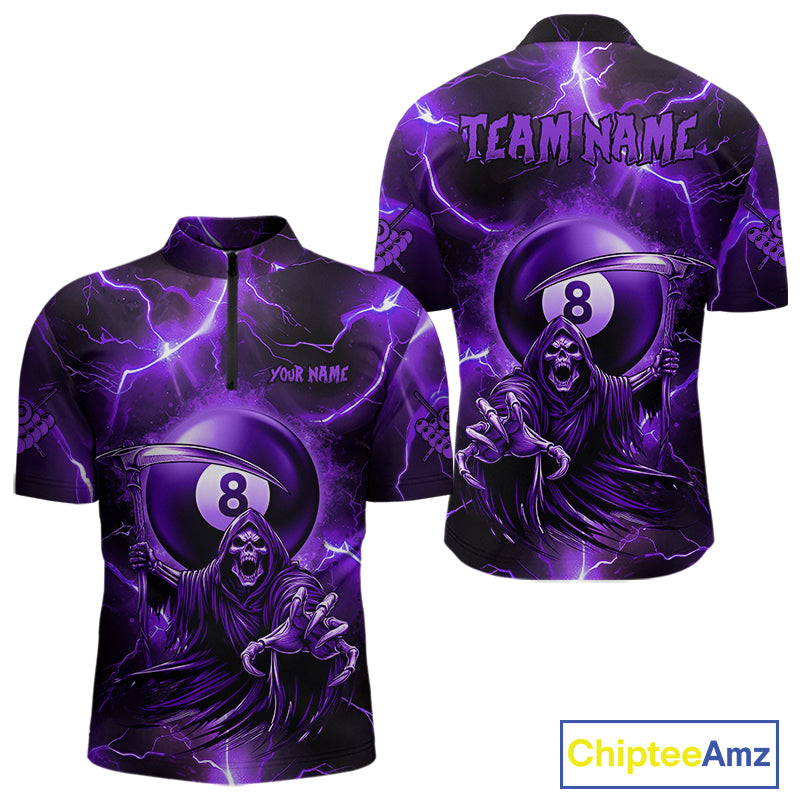 Purple Grim Reaper 8 Ball Men's Billiard Shirt Custom Thunder Lightning Halloween Pool Team Jersey TDM4874