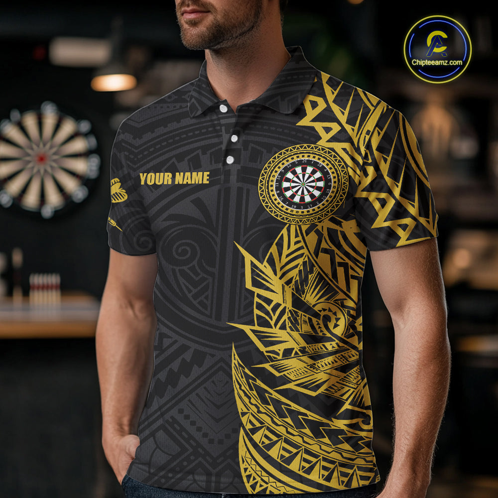 Personalized Yellow Tribal Darts Polo & Quarter Zip Custom Dart Shirts For Men Dart Jerseys TDM5568