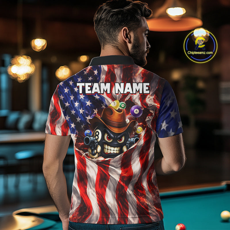 Glowing American Flag Funny 8 Ball Billiard Shirt For Men Custom Patriotic Pool Team Jersey TDM5570