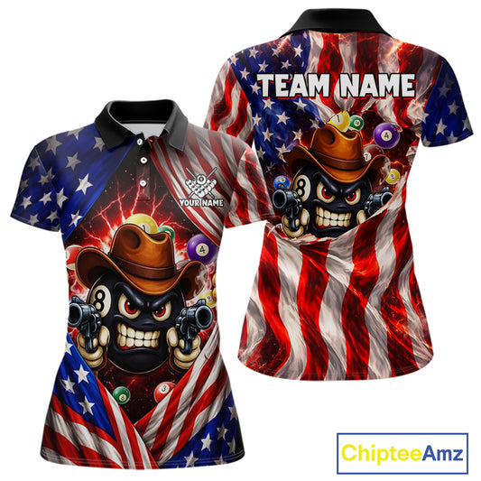 Glowing American Flag Funny 8 Ball Billiard Shirt For Women Custom Patriotic Pool Team Jersey TDM5570