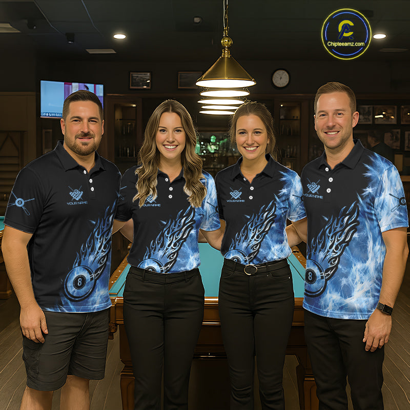 Black And Blue Flaming Icy 8 Ball Pool Billiard Shirt For Men Custom Billiard Team Jersey TDM5808