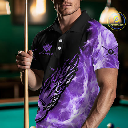 Black And Purple Flaming Icy 8 Ball Pool Billiard Shirt For Men Custom Billiard Team Jersey TDM5809