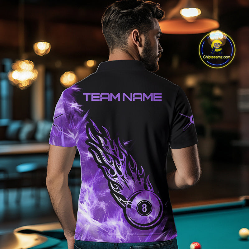 Black And Purple Flaming Icy 8 Ball Pool Billiard Shirt For Men Custom Billiard Team Jersey TDM5809