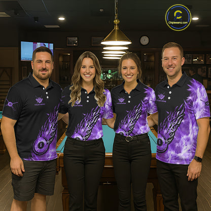 Black And Purple Flaming Icy 8 Ball Pool Billiard Shirt For Men Custom Billiard Team Jersey TDM5809