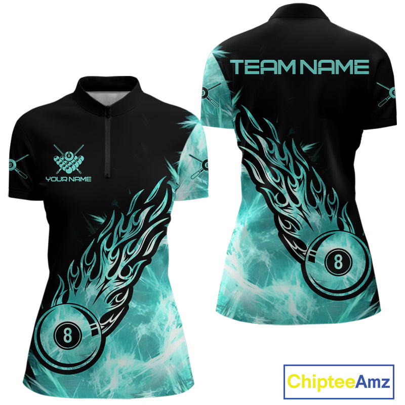 Black And Turquoise Flaming Icy 8 Ball Pool Billiard Shirt For Women Custom Billiard Team Jersey TDM5810