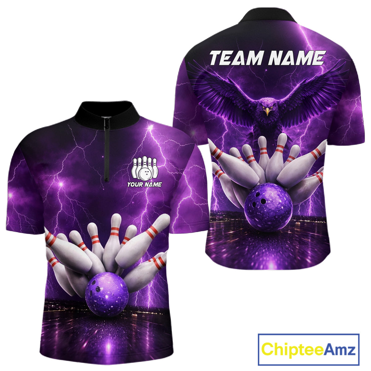 Custom Eagle Thunder Lightning Purple Bowling Shirt For Men, Bowling Team Jersey Polo & 1/4 Zip TDM6188