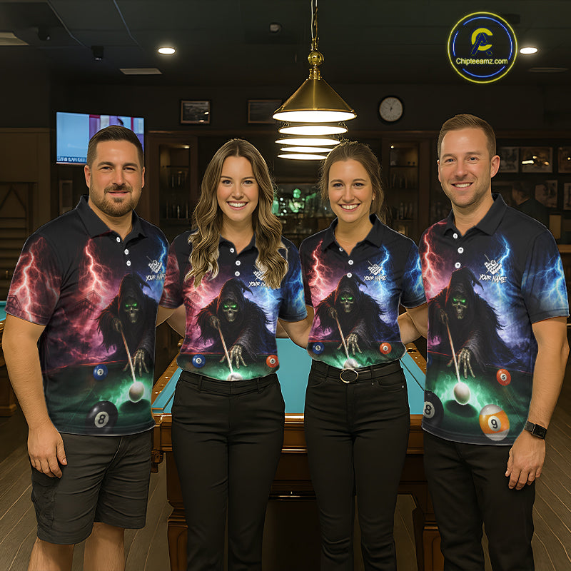 Funny Grim Reaper Lightning Billiard Shirt For Men Custom Pool Balls Team Jersey Polo & 1/4 Zip TDM6410