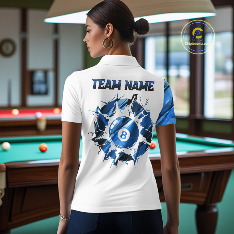 Custom Blue And White 8 Ball Pool Billiard Jersey For Women, Billiard Team Shirts Polo & 1/4 Zip TDM6609