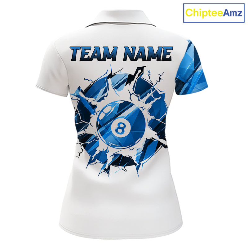 White billiard polo shirt with blue and black designs on front and back, featuring an 8 ball graphic, "Team Name" and "Your Name" text, custom pool team jersey design
