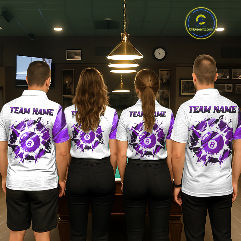 Custom Purple And White 8 Ball Pool Billiard Jersey For Women, Billiard Team Shirts Polo & 1/4 Zip TDM6610